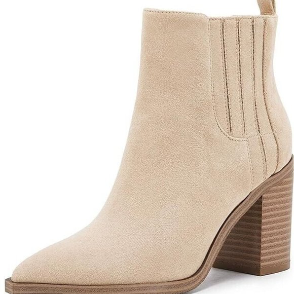 Womens Pointed Toe Ankle Booties Chunky Stacked Block Mid Heel Western New - Picture 1 of 8